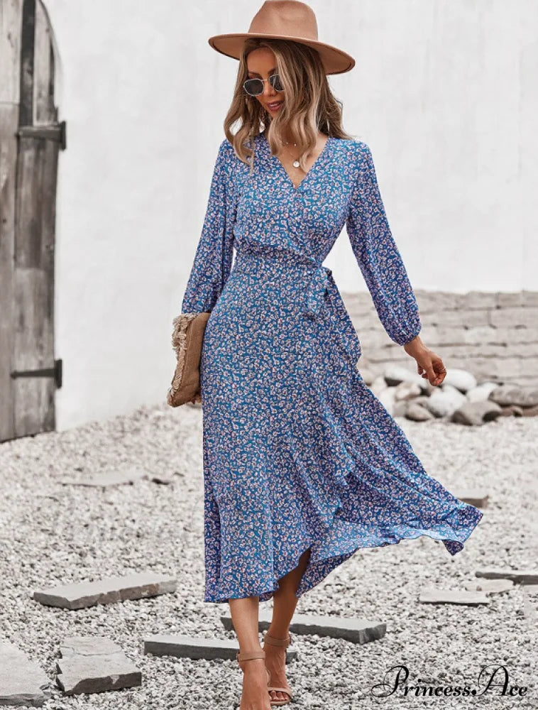 V Neck Full Sleeve High Waist Bandage Print Dress For Spring/Autumn L / Black Dresses