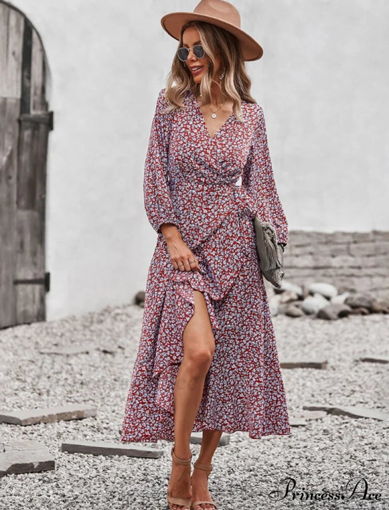 V Neck Full Sleeve High Waist Bandage Print Dress For Spring/Autumn M / Blue Dresses