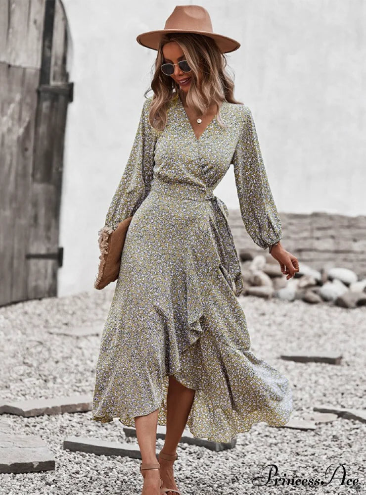 V Neck Full Sleeve High Waist Bandage Print Dress For Spring/Autumn M / Red Dresses