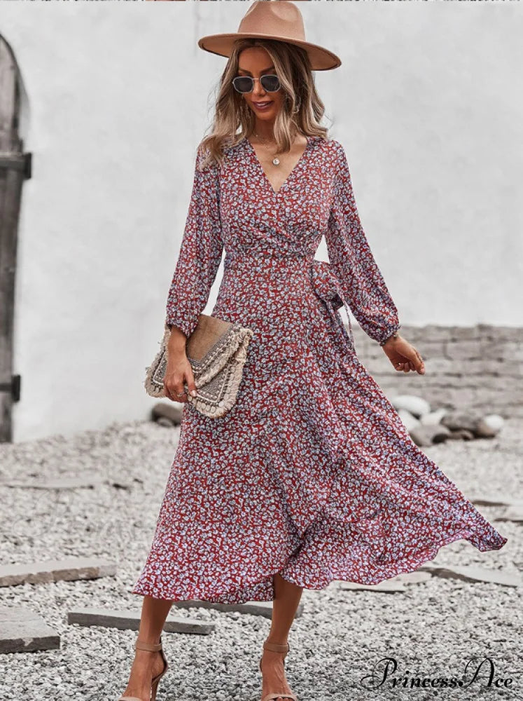 V Neck Full Sleeve High Waist Bandage Print Dress For Spring/Autumn M / Yellow Dresses