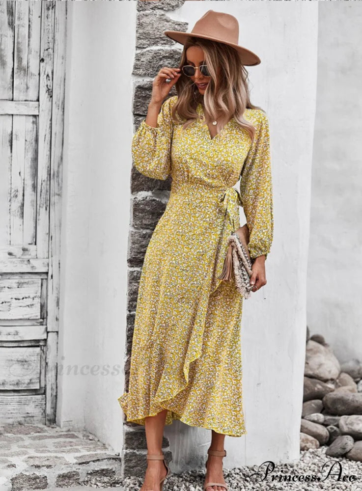 V Neck Full Sleeve High Waist Bandage Print Dress For Spring/Autumn S / Khaki Dresses