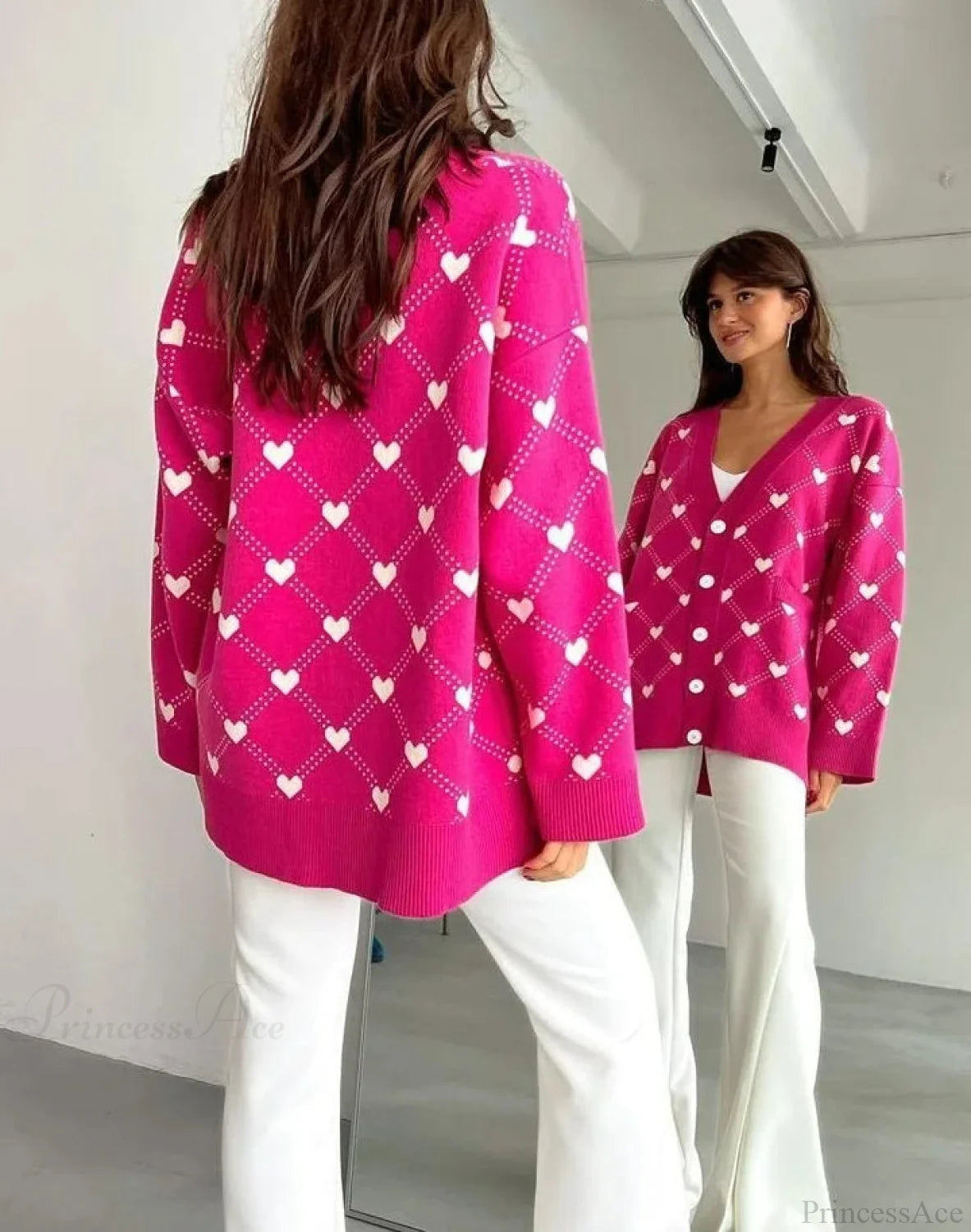V-Neck Heart Pattern Pocket Cardigan Deep Pink / S Cardigan-241208