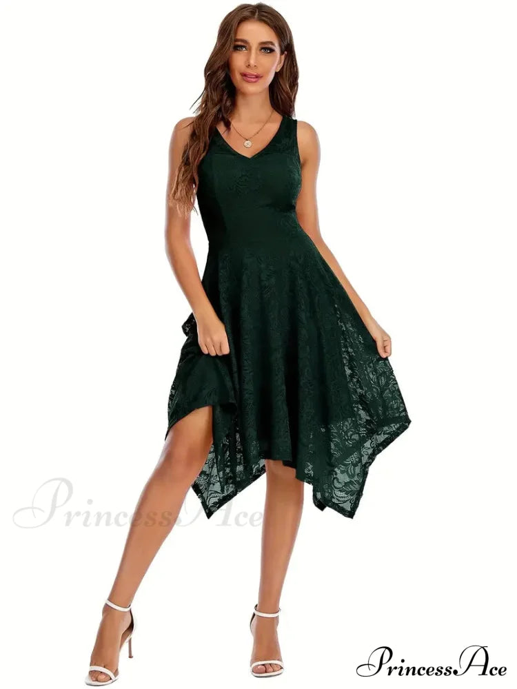 V Neck Lace Dress With Asymmetrical Hem S / Black Navy Lace High Low Dress