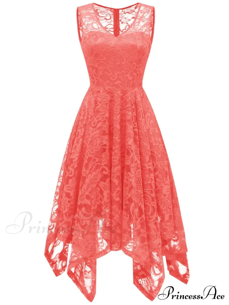 V Neck Lace Dress With Asymmetrical Hem S / Burgundy Navy Lace High Low Dress