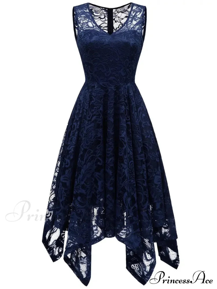 V Neck Lace Dress With Asymmetrical Hem S / Champagne Navy Lace High Low Dress