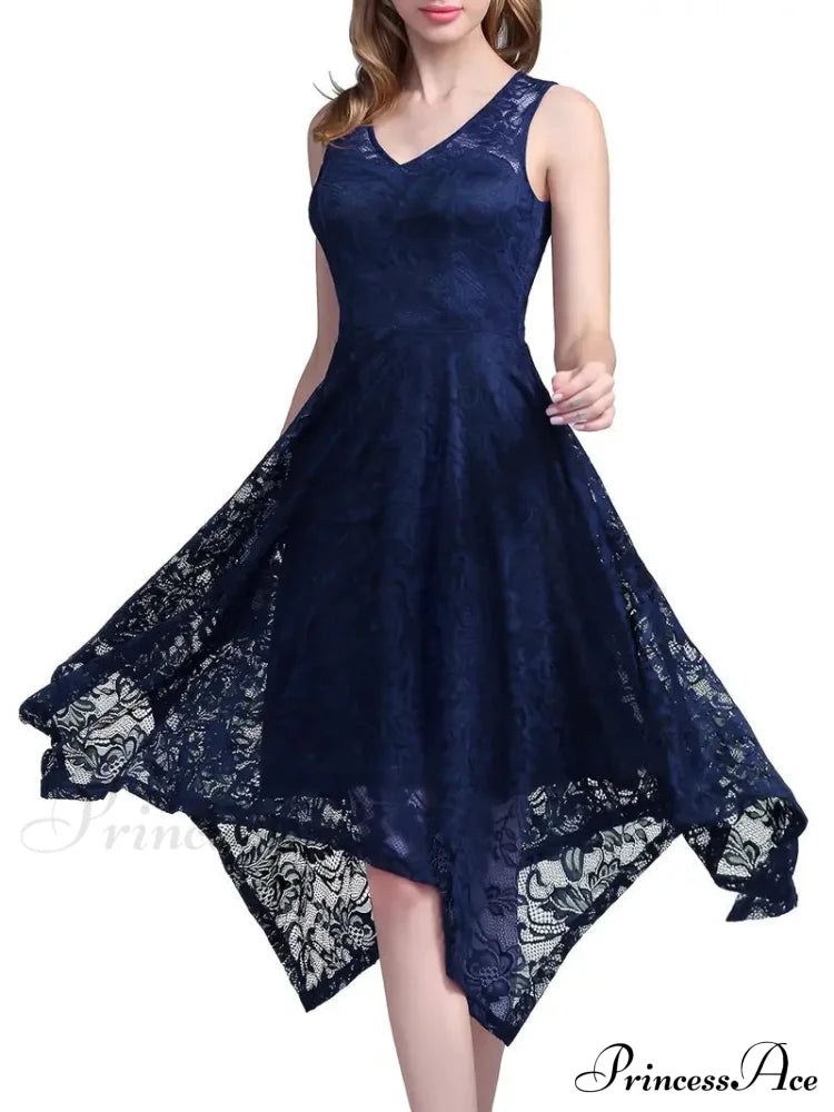 V Neck Lace Dress With Asymmetrical Hem S / Navy Navy Lace High Low Dress