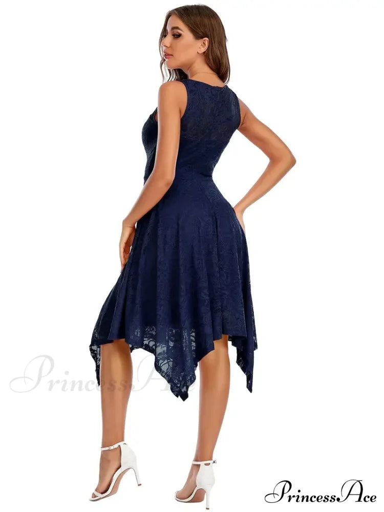 V Neck Lace Dress With Asymmetrical Hem S / Pink Navy Lace High Low Dress