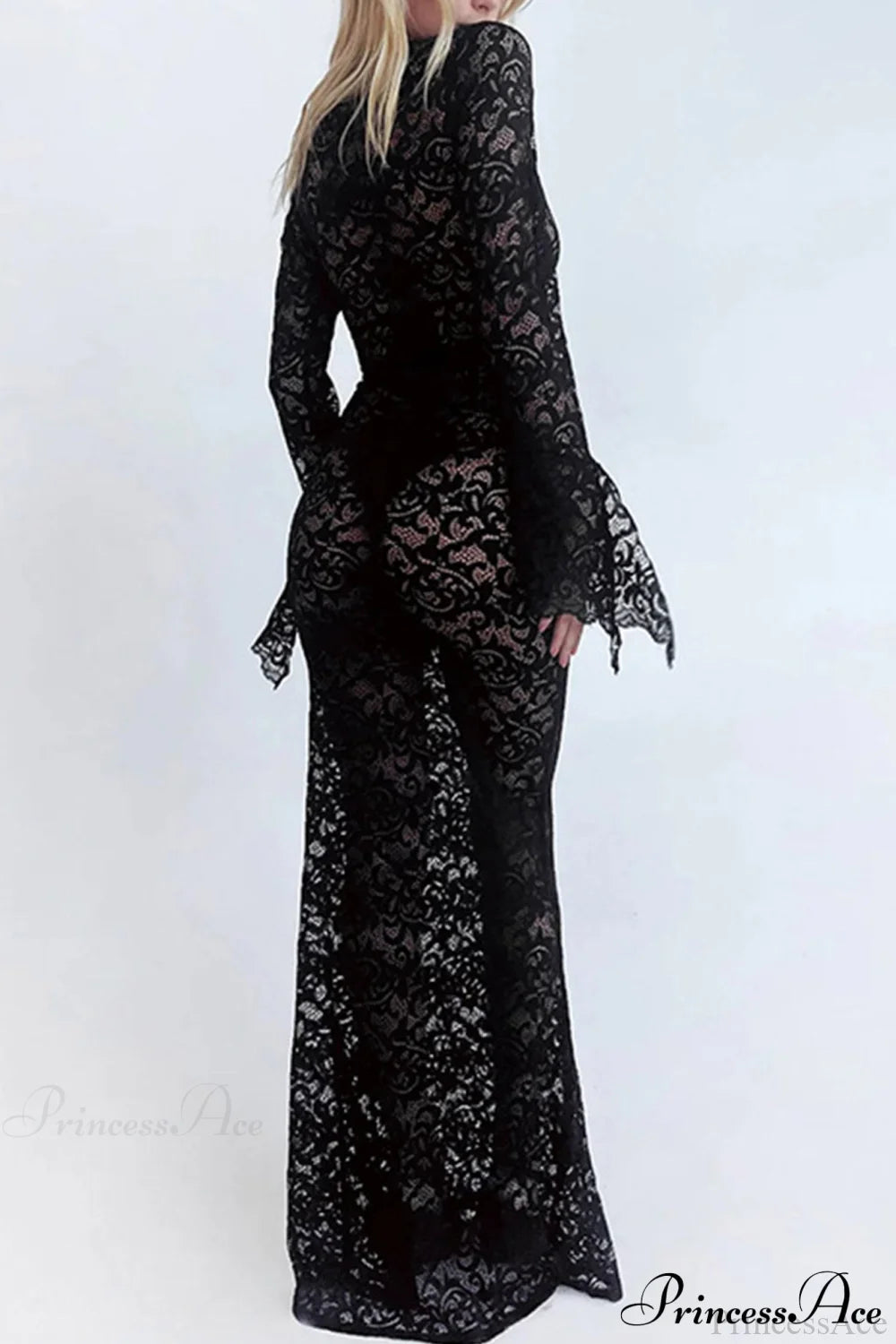 V Neck Lace Flare Sleeve Dress Midi Dresses