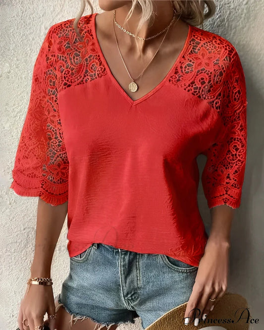 V-neck lace sleeve Blouse Red 23BF clothes Short Sleeve Tops Spring Summer T-shirts Tops/Blouses