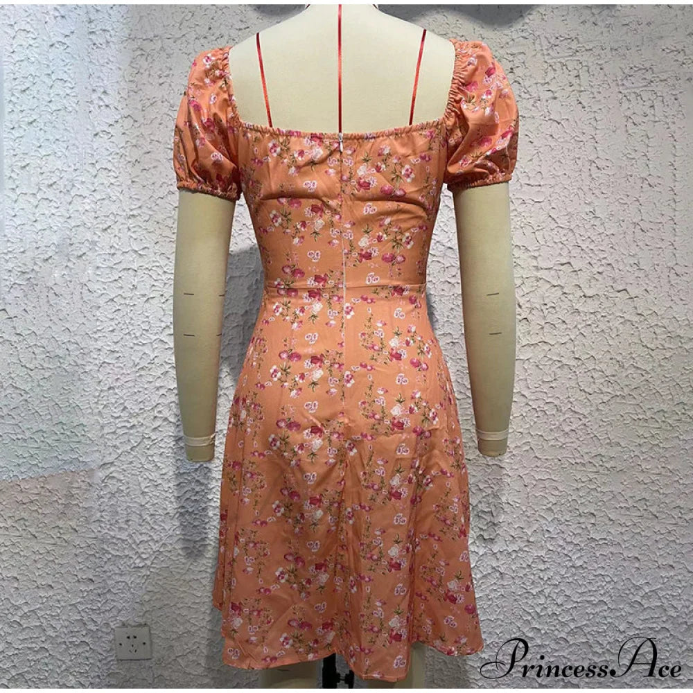 V-Neck Lace Up Lantern Sleeve Ruffles Dress L / Orange Dresses