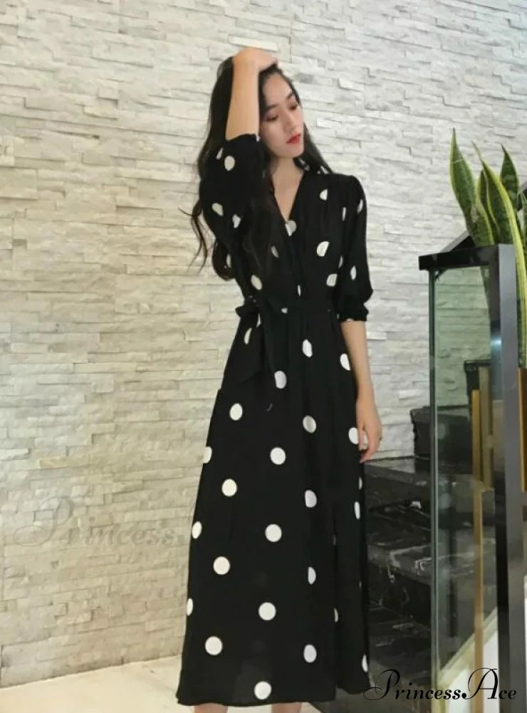 V-Neck Long Dress Casual Half Sleeve Dot For Women Dresses