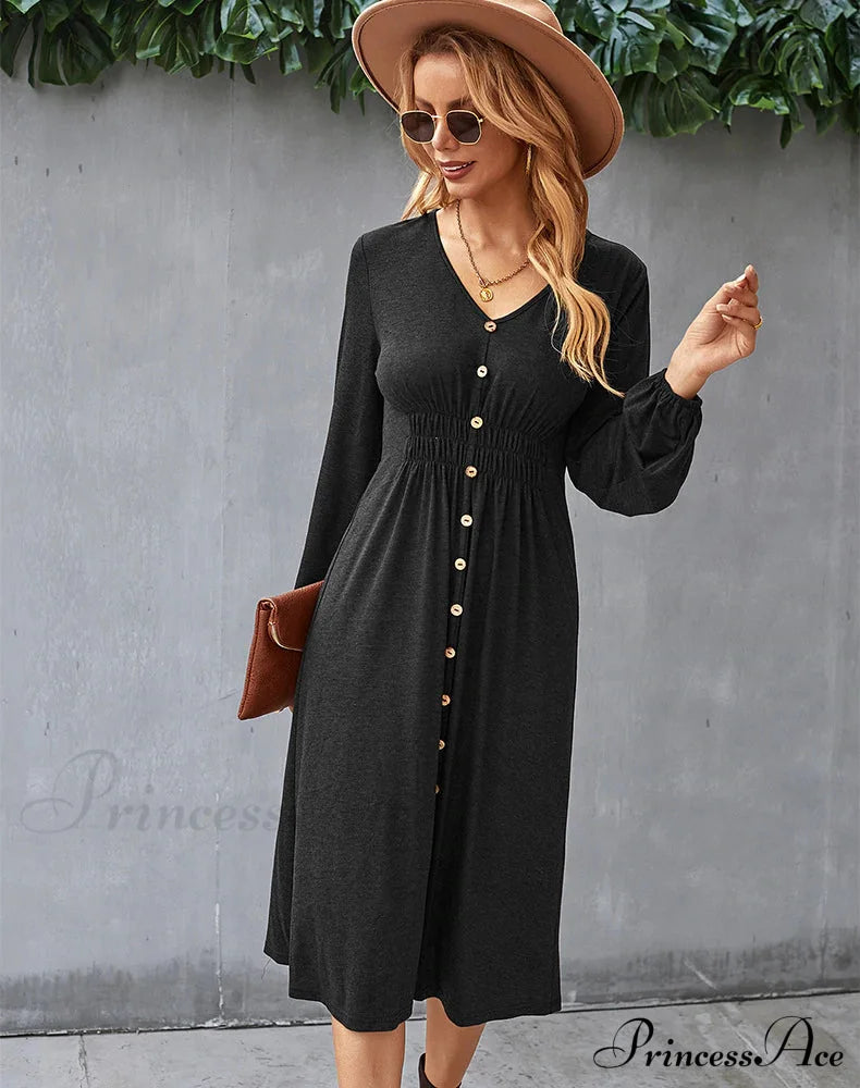 V-Neck Long Sleeve A-Line Dress M / Green