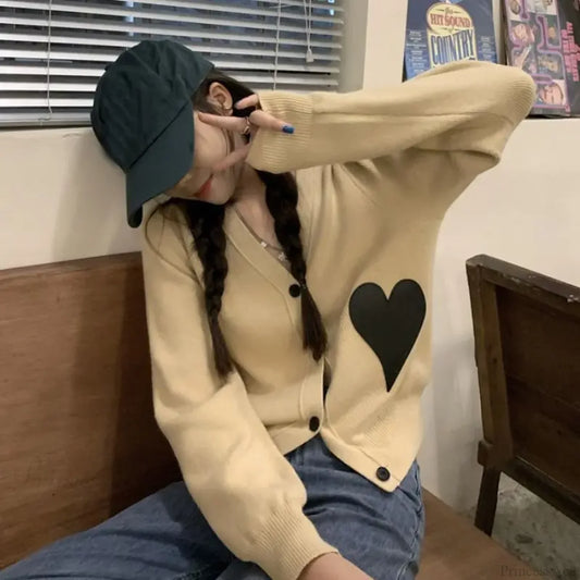 V-Neck Long Sleeve Solid Loose Sweet Knit Cardigan Khaki / S cardiagn-250126