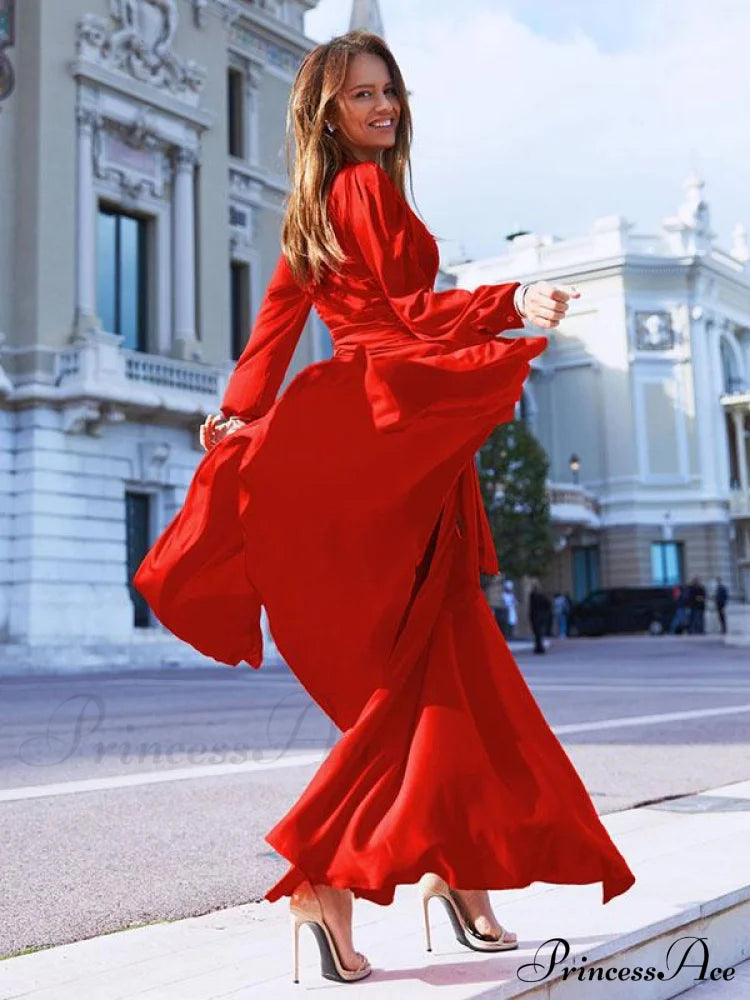V-Neck Long Sleeves Solid Color Belted Maxi Evening Dress M / Red Dresses