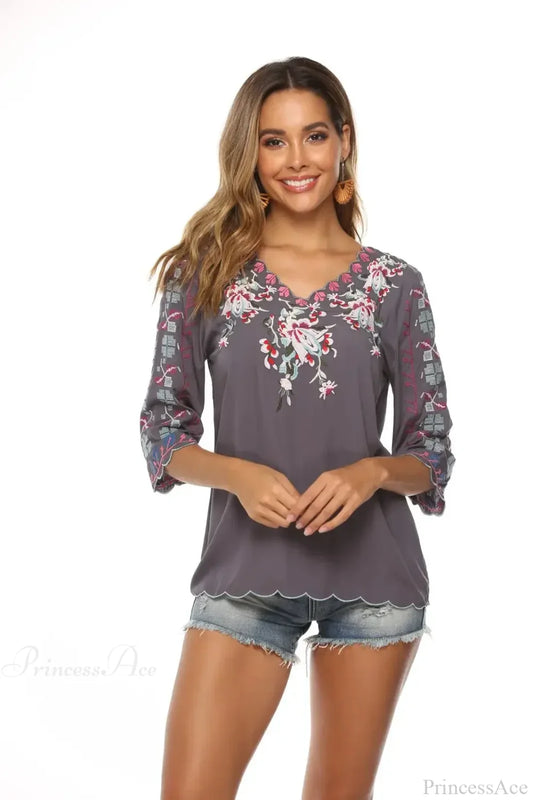V-Neck Loose Casual Cotton Floral Embroidery Boho Blouse Grey / S bohoblouse-250126