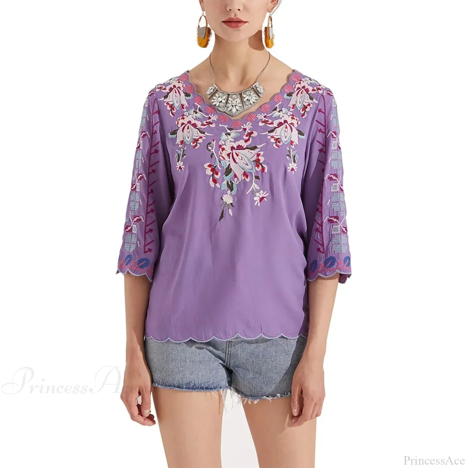 V-Neck Loose Casual Cotton Floral Embroidery Boho Blouse Purple / S bohoblouse-250126