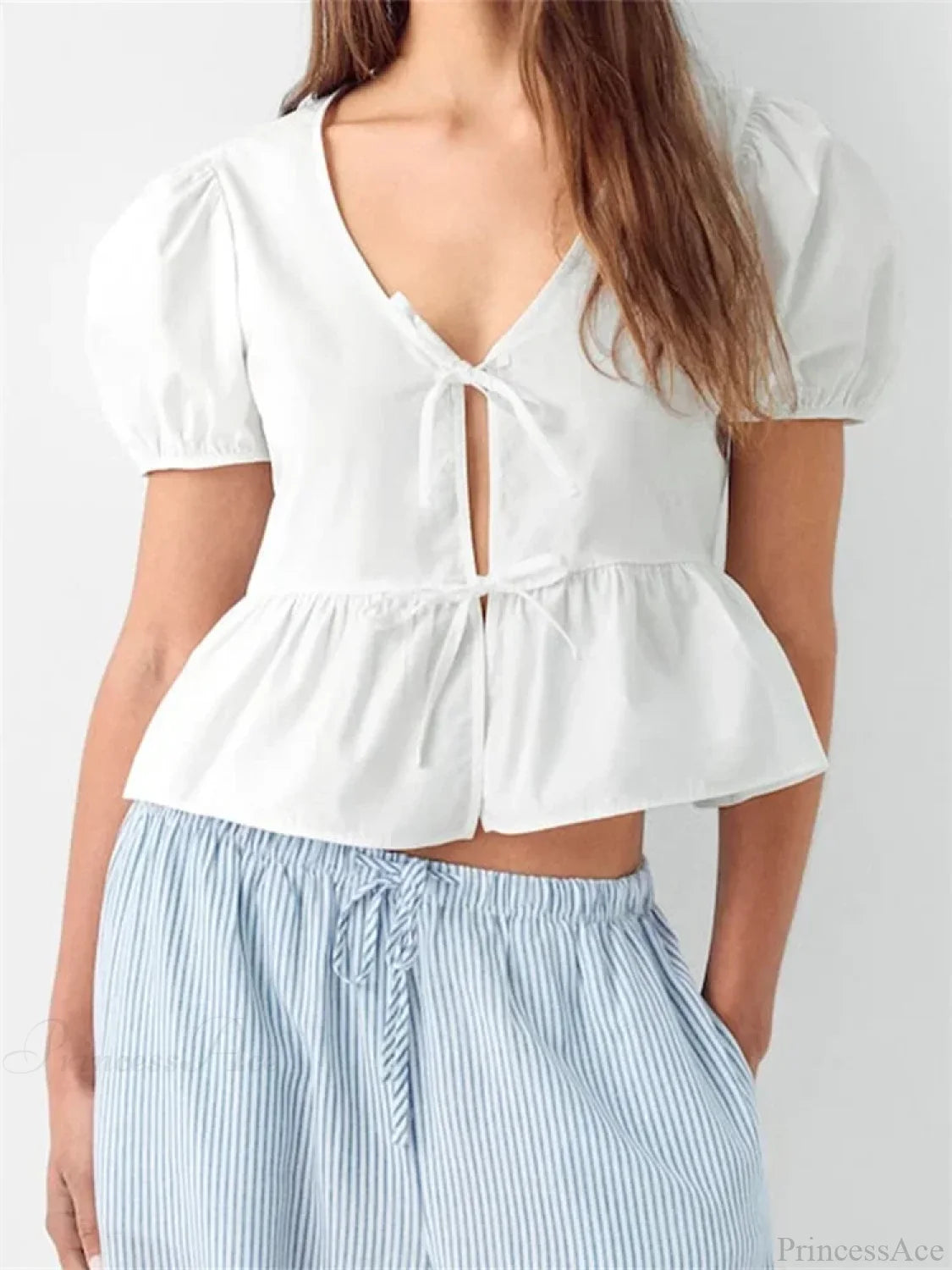 V-neck Open Front Tie-up Short Sleeve Blouse blouse-250126