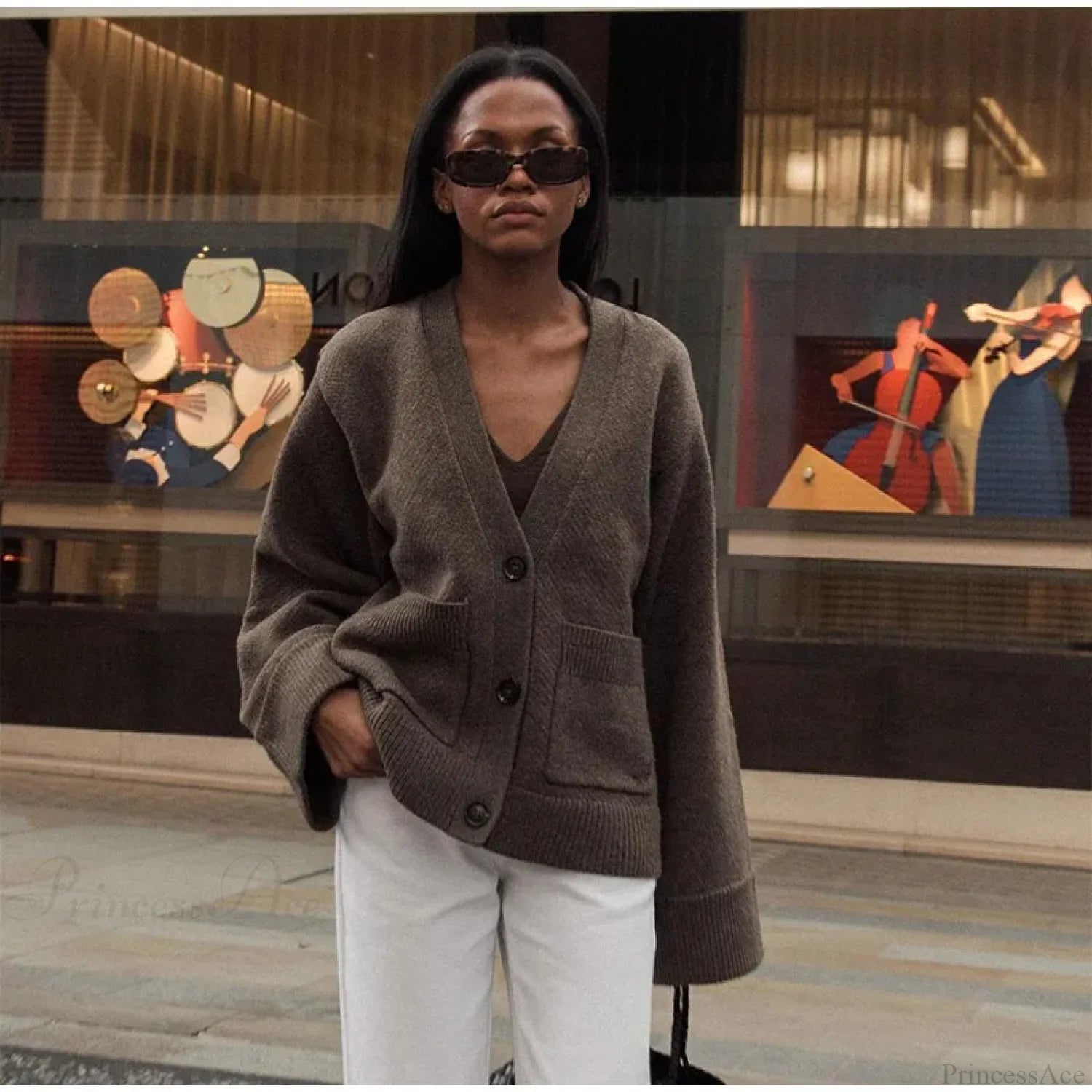 V-neck Pocket Long Sleeve Cardigan Brown / S