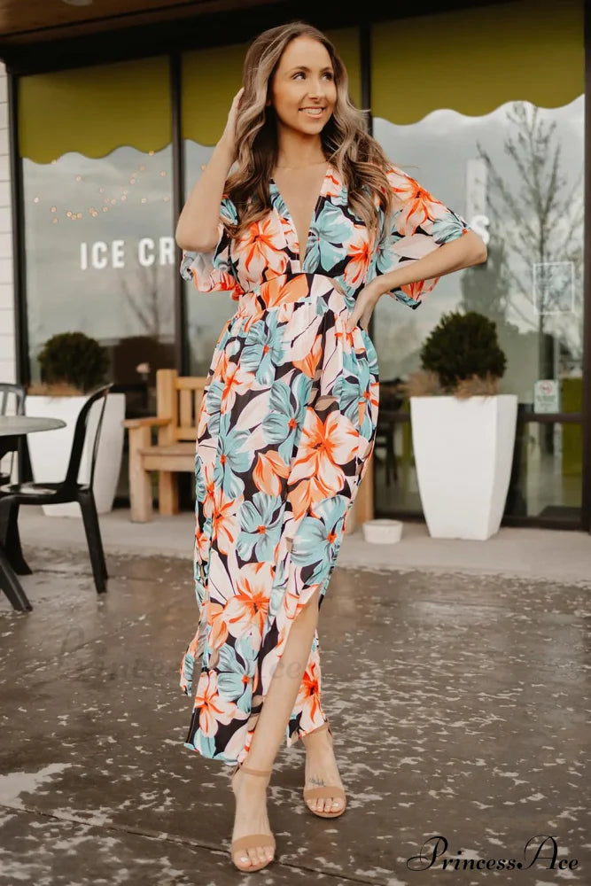 V Neck Print Cap Sleeve Slit Maxi Dress Floral Print Beach Dress