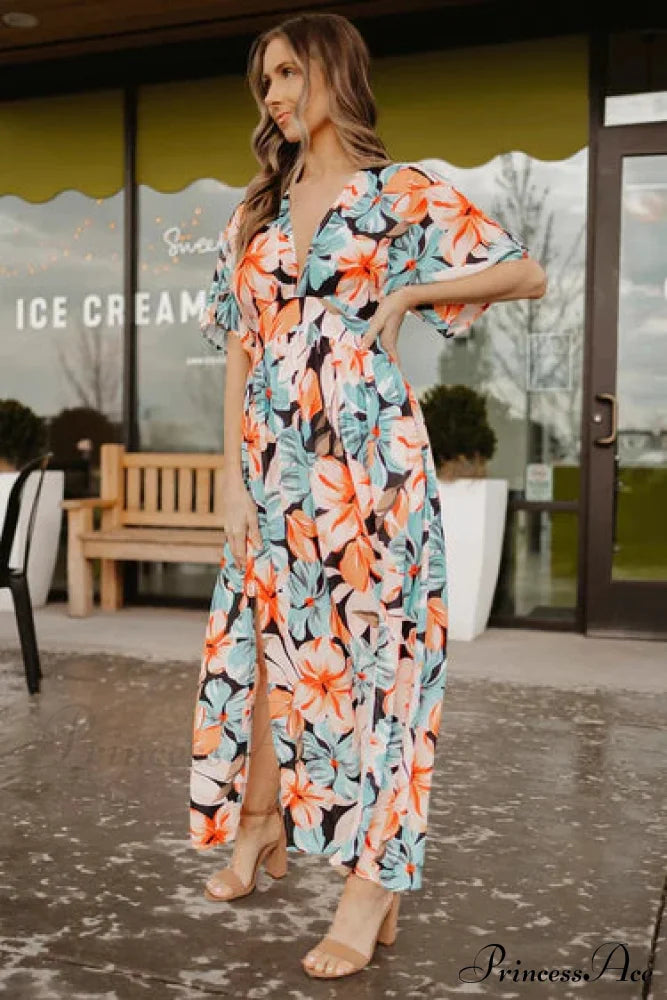V Neck Print Cap Sleeve Slit Maxi Dress Floral Print Beach Dress
