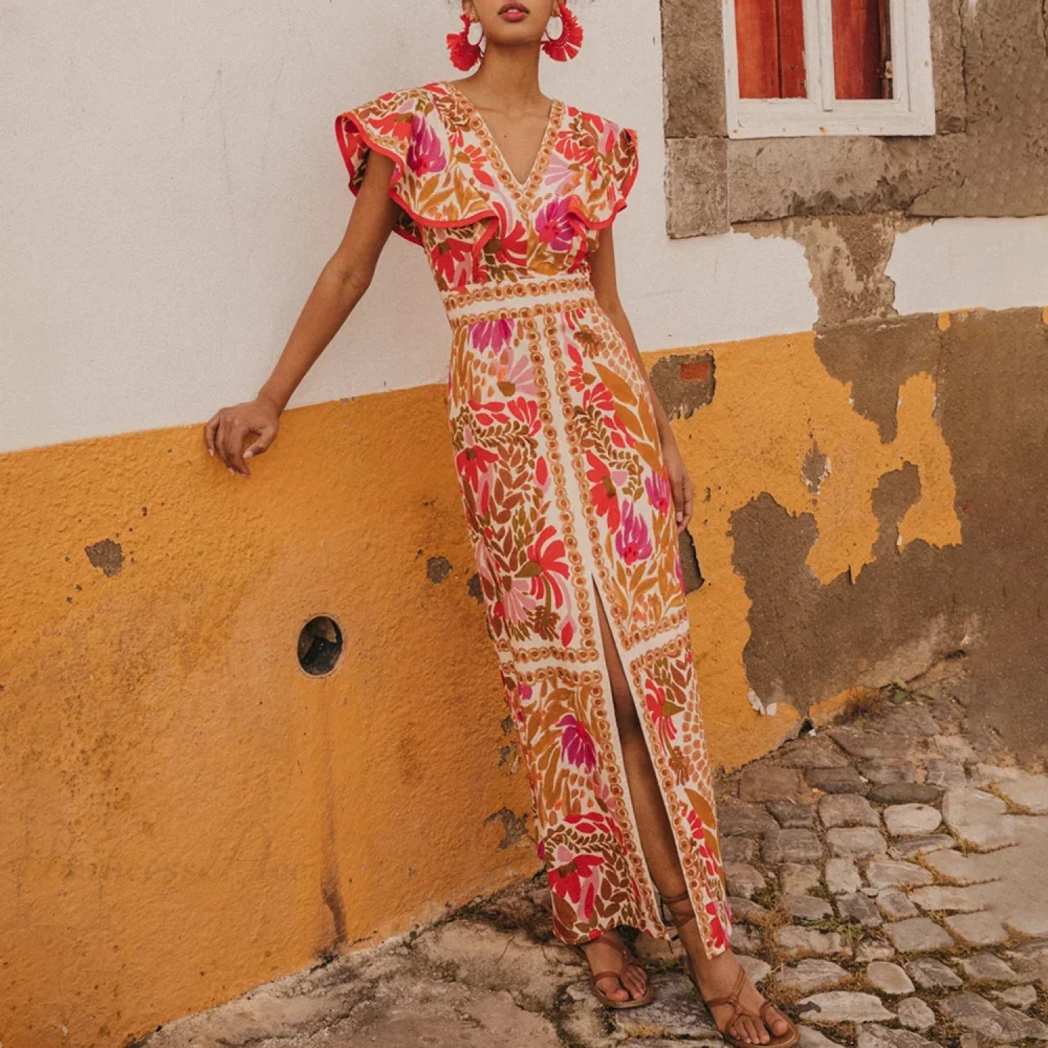 V Neck Retro Print Skirt Two Piece Set pink set / S