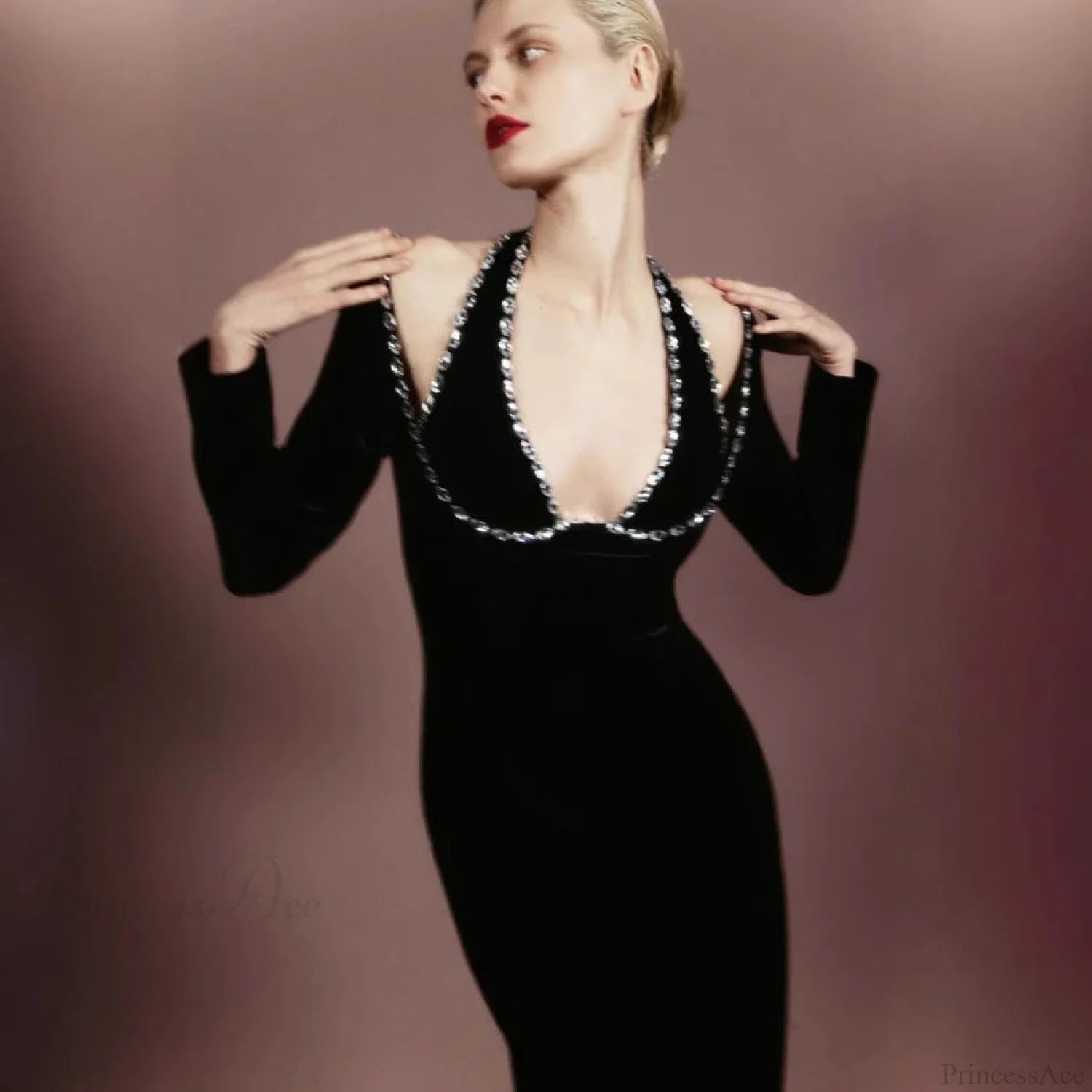 V-Neck Rhinestone Bandage Long Sleeve Fall Prom Dress promdress-250223