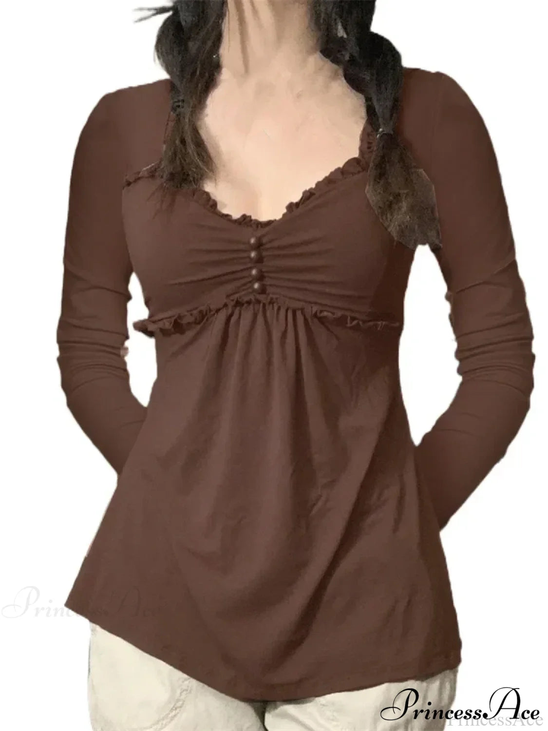 V-Neck Ruched Solid Color Vintage Buttons T-Shirts Brown / S