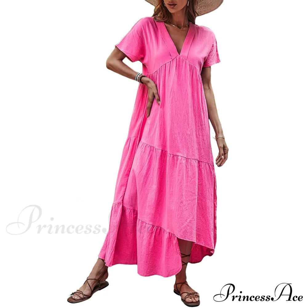 V Neck Ruffle Hem Smock Dress M / Hot Pink V Neck Pink Maxi Dress