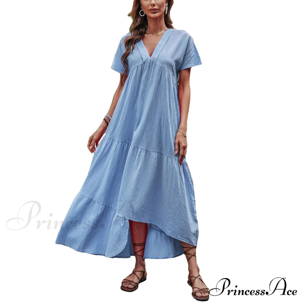 V Neck Ruffle Hem Smock Dress M / Purple V Neck Pink Maxi Dress