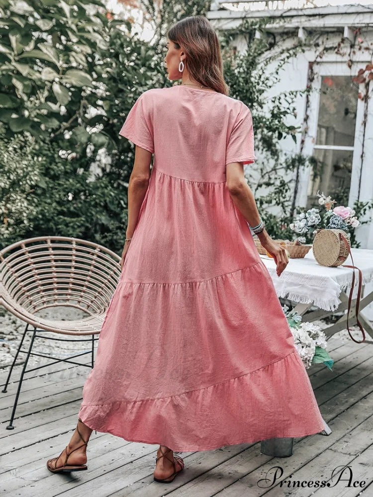 V Neck Ruffle Hem Smock Dress S / Green V Neck Pink Maxi Dress