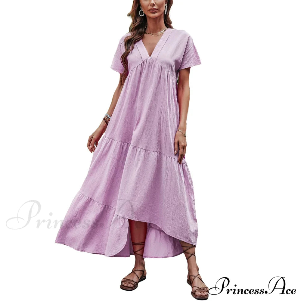 V Neck Ruffle Hem Smock Dress S / Purple V Neck Pink Maxi Dress