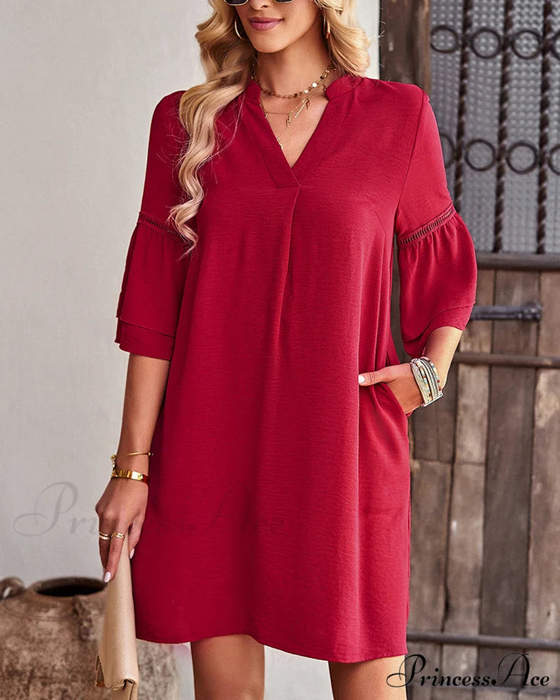 V-Neck Ruffle Sleeve Dress In Solid Color Casual Dresses