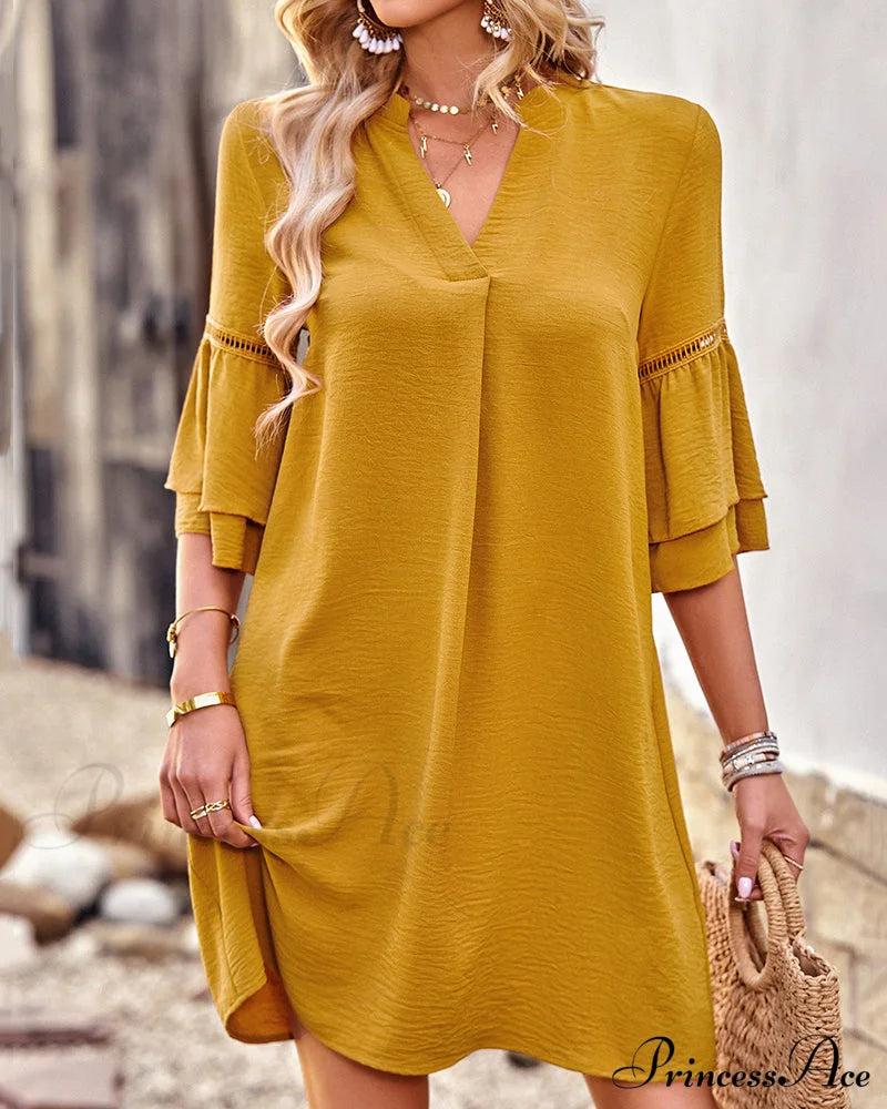 V-Neck Ruffle Sleeve Dress In Solid Color Casual Dresses