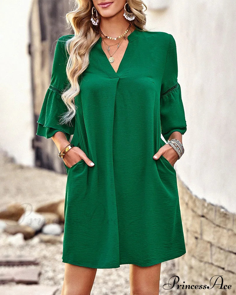 V-Neck Ruffle Sleeve Dress In Solid Color Casual Dresses
