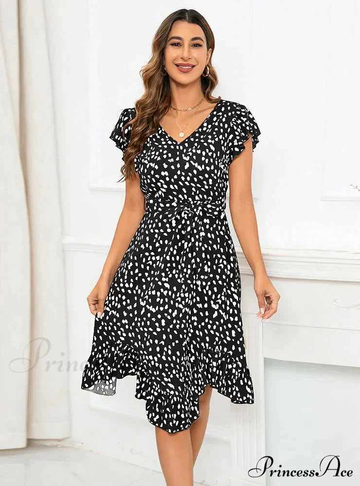 V-Neck Short Sleeve Leopard Print Irregular Dress M / Blue