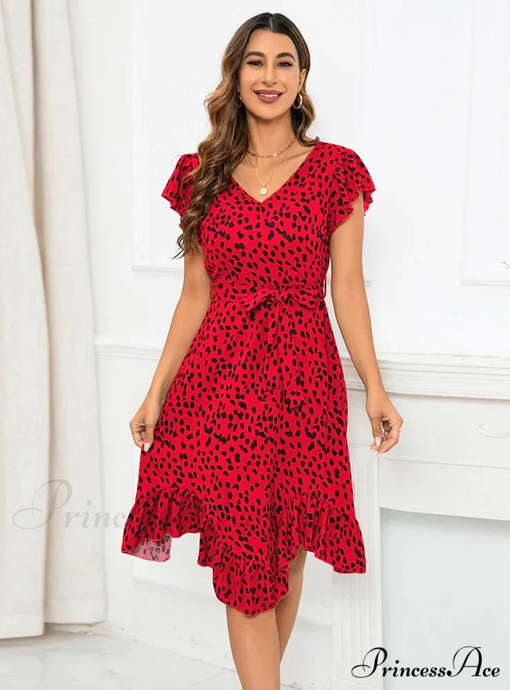 V-Neck Short Sleeve Leopard Print Irregular Dress S / Red