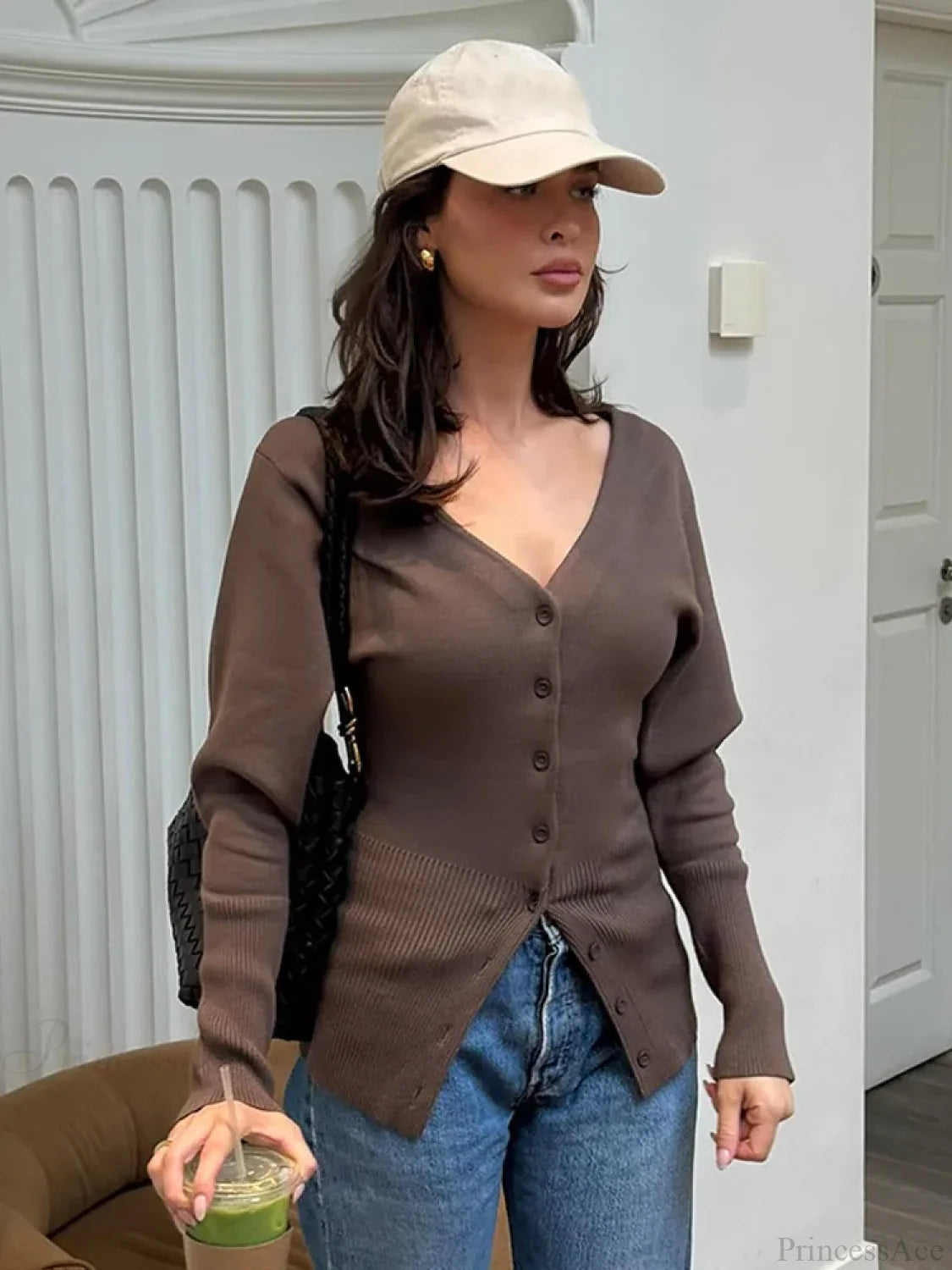 V-neck Solid Color Long Sleeve Cardigan Chocolate / S