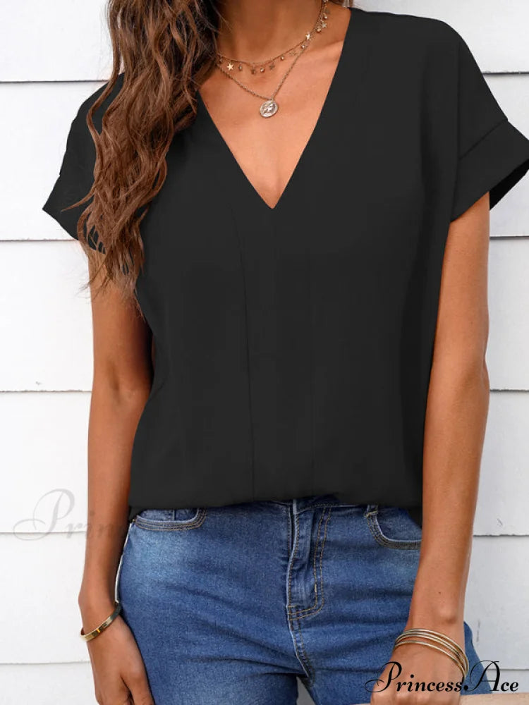 V-Neck Solid Sleeve T-Shirt For Short Women
