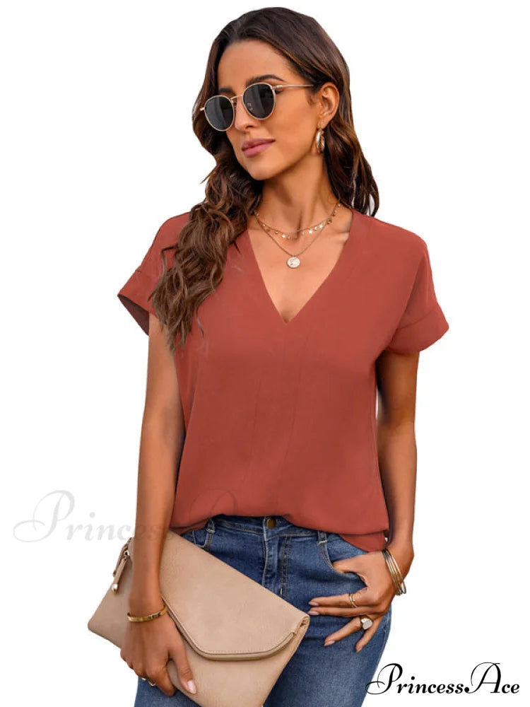 V-Neck Solid Sleeve T-Shirt For Short Women