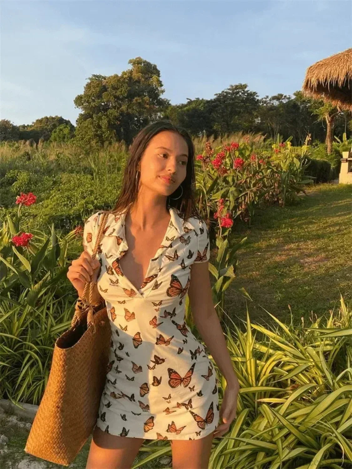 V-Neck Stitched Print Mini Dress minidress-250223