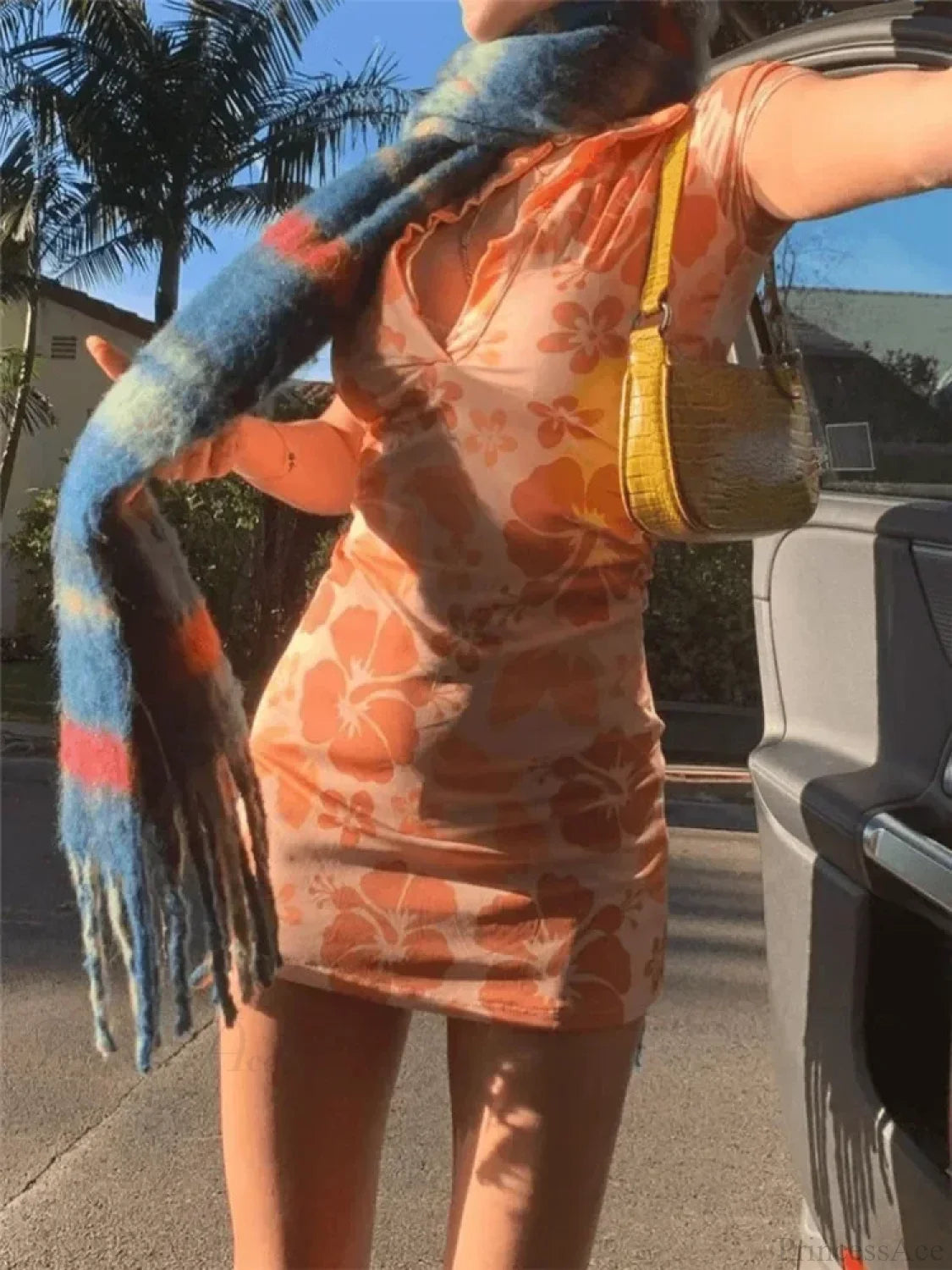 V-Neck Stitched Print Mini Dress Orange / S minidress-250223