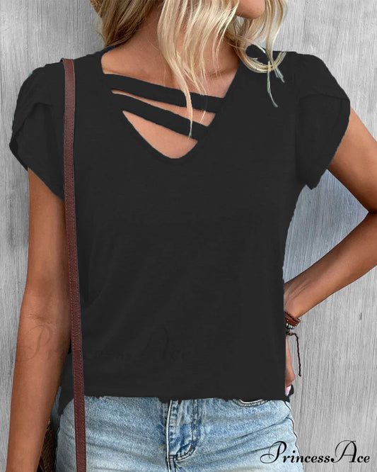 Plain V-neck T-shirt Black 23BF clothes Short Sleeve Tops Spring Summer T-shirts Tops/Blouses
