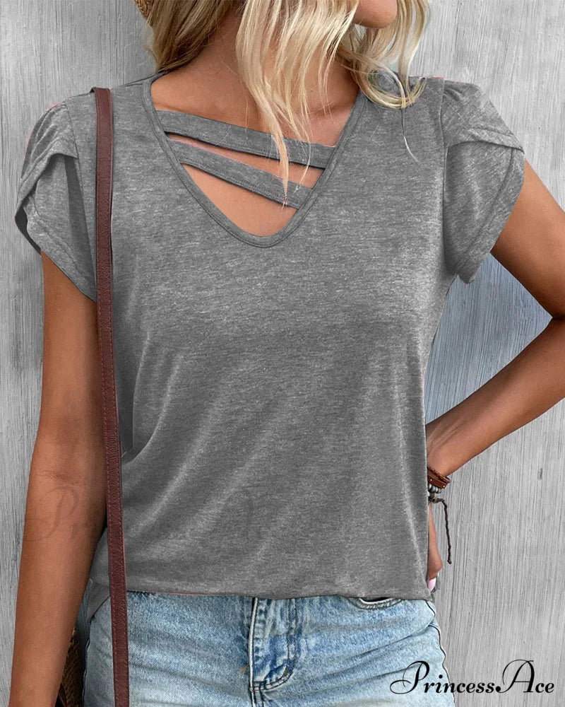 Plain V-neck T-shirt Gray 23BF clothes Short Sleeve Tops Spring Summer T-shirts Tops/Blouses