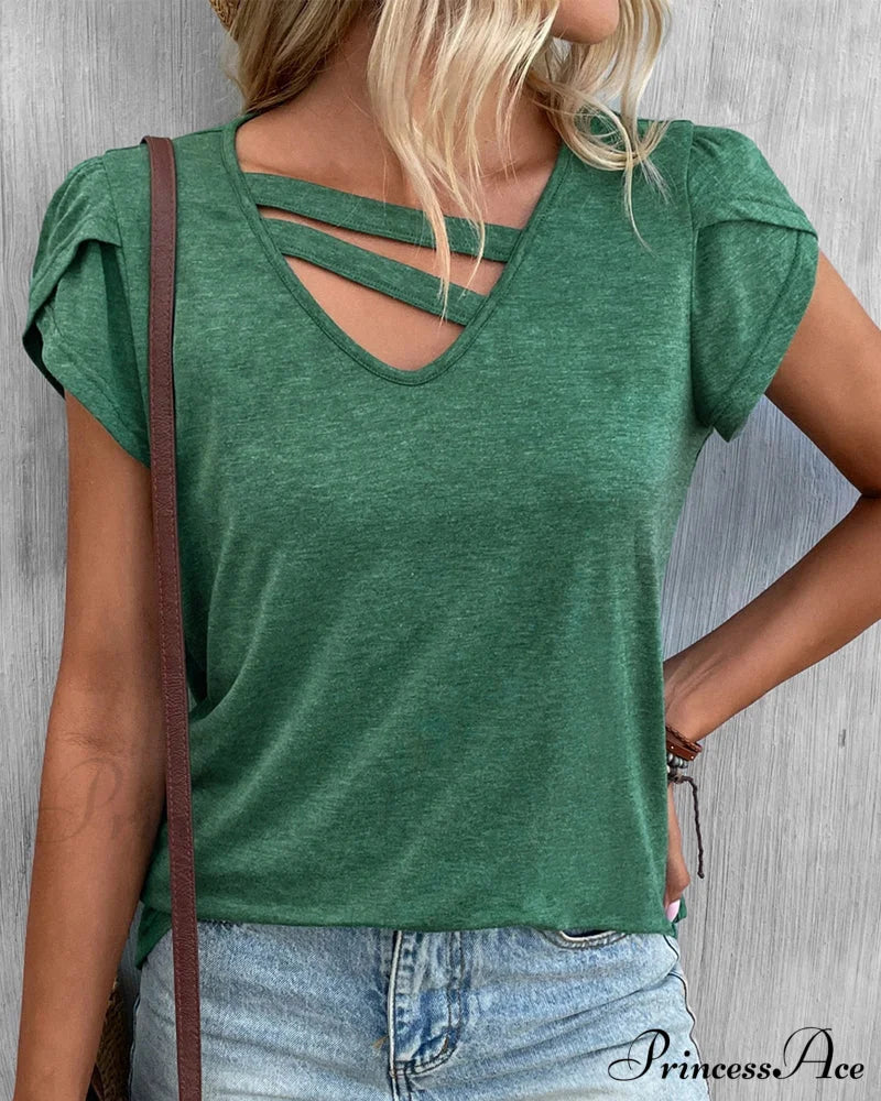 Plain V-neck T-shirt Green 23BF clothes Short Sleeve Tops Spring Summer T-shirts Tops/Blouses