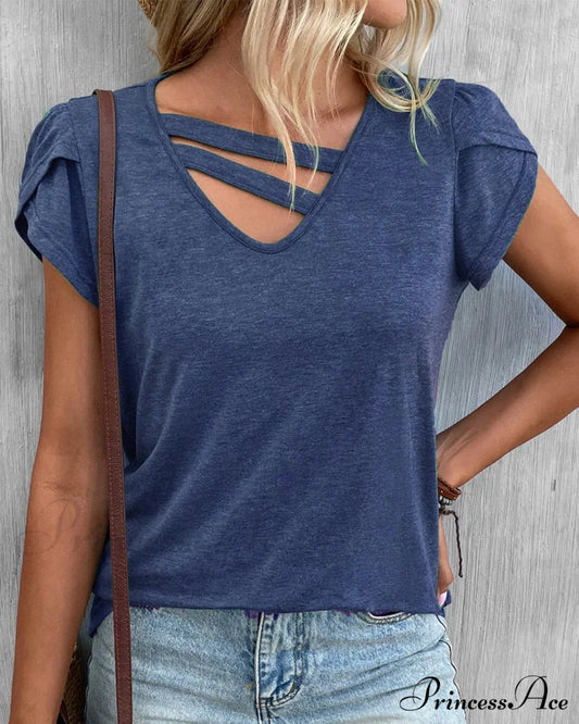 Plain V-neck T-shirt Navy Blue 23BF clothes Short Sleeve Tops Spring Summer T-shirts Tops/Blouses