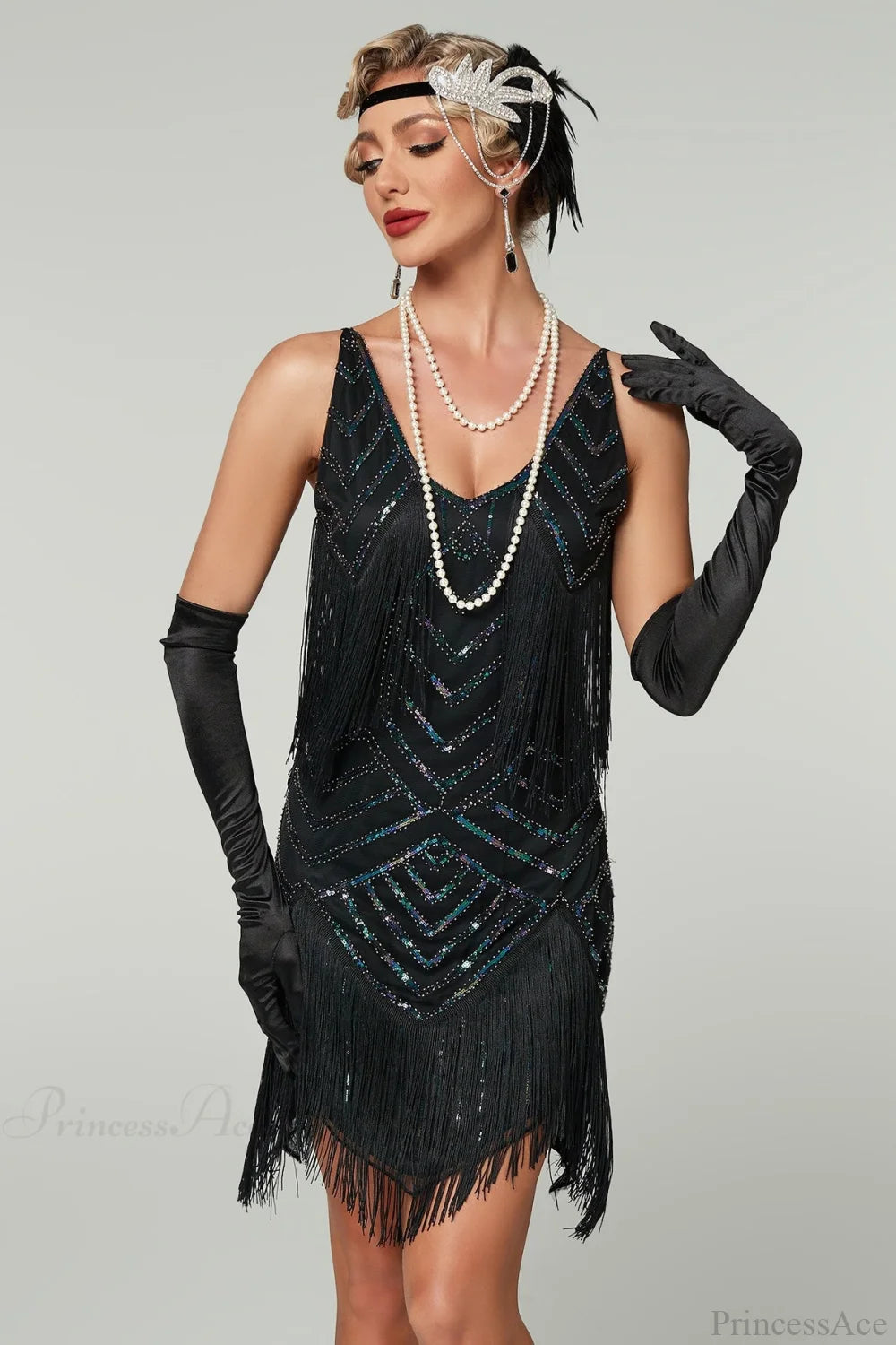V-Neck Tassel Sequin Party Dress