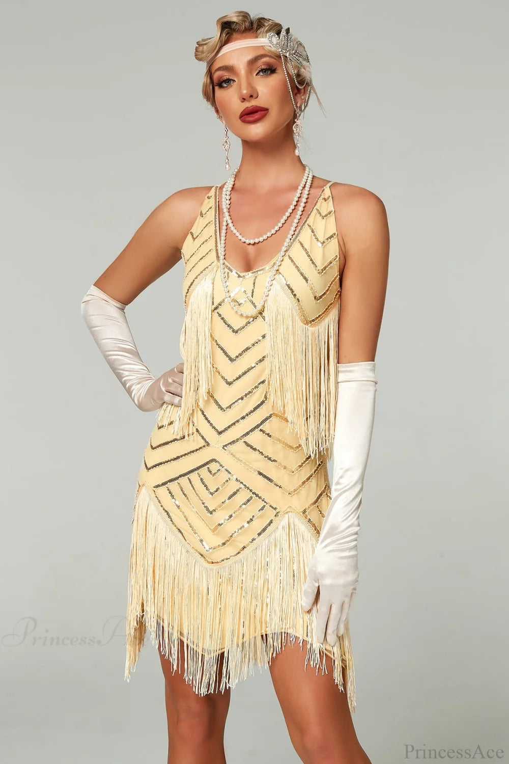 V-Neck Tassel Sequin Party Dress Apricot / S