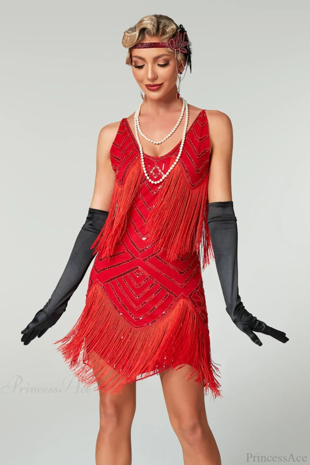 V-Neck Tassel Sequin Party Dress Red / S