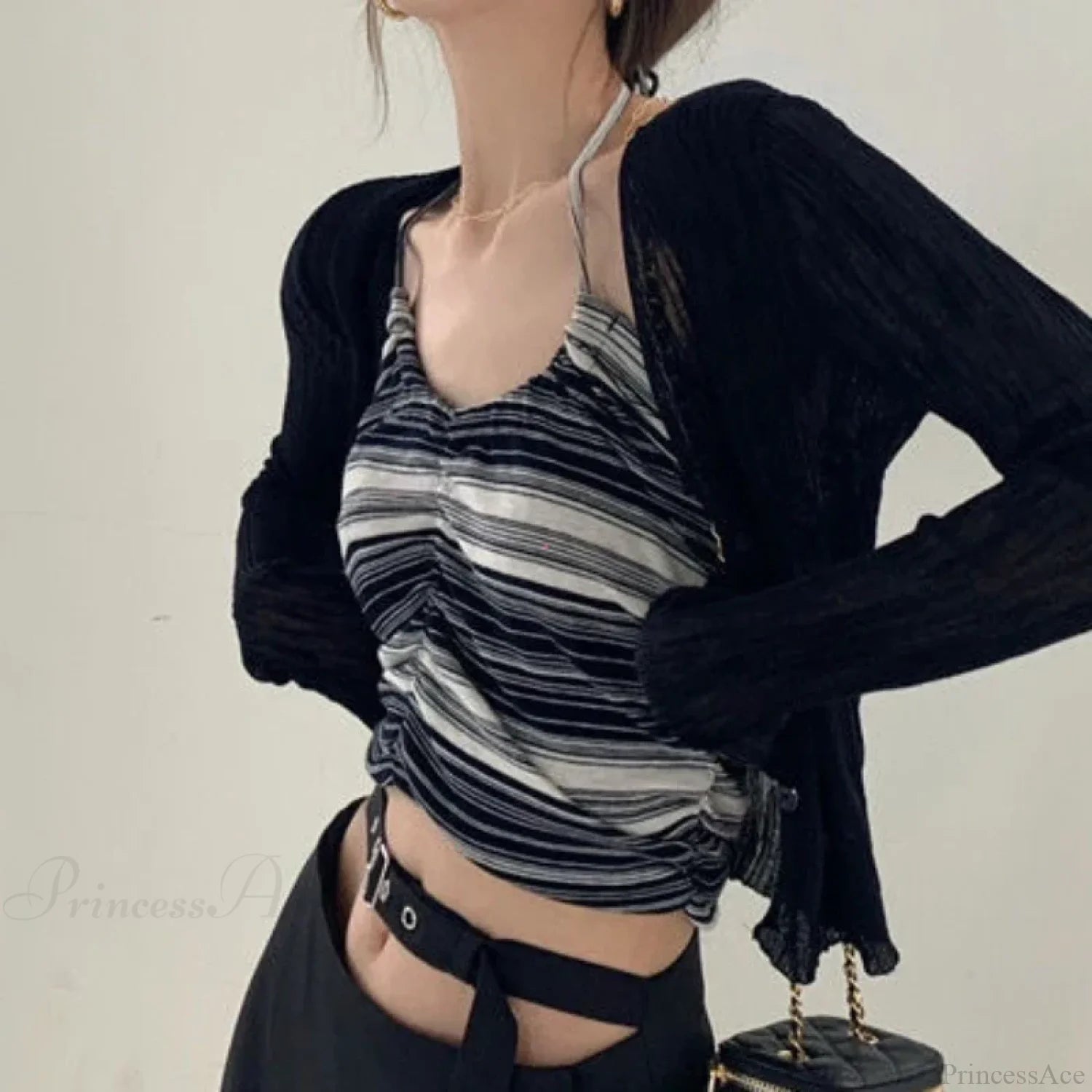 V-Neck Thin Long Sleeve Sunscreen Casual Black White Cardigan cardiagn-250126