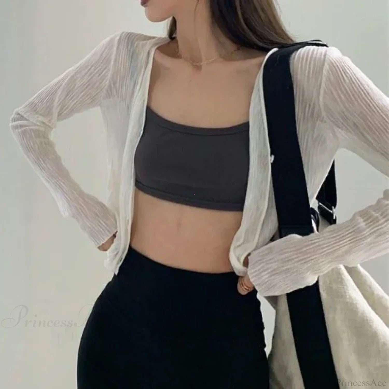 V-Neck Thin Long Sleeve Sunscreen Casual Black White Cardigan cardiagn-250126